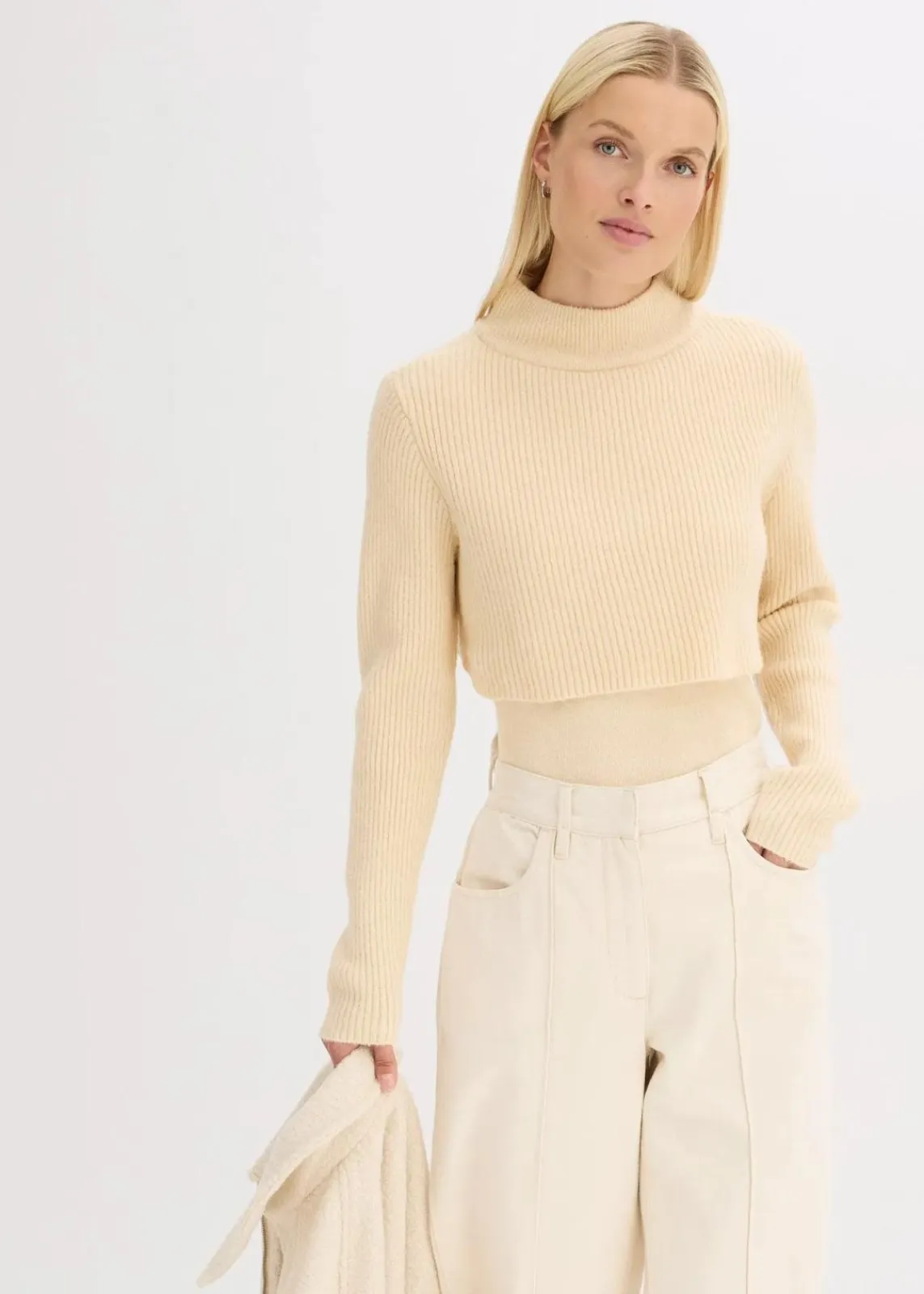 bonprix Pullover & Strickjacken|Strickmode^Lagenpullover kieselbeige/wollweiß