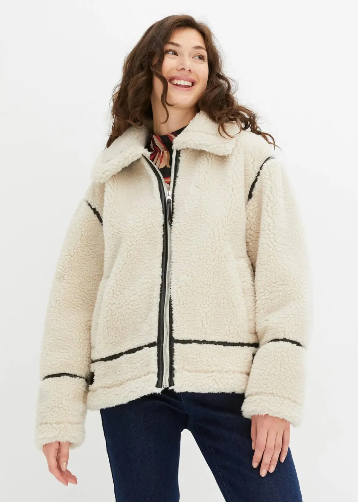 bonprix Bekleidung·Hosen|Nachhaltigere Materialien^Lammfellimitat-Jacke creme/schwarz