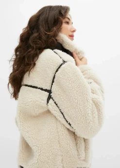 bonprix Bekleidung·Hosen|Nachhaltigere Materialien^Lammfellimitat-Jacke creme/schwarz