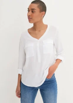 bonprix Nachhaltigere Materialien|Blusen & Tuniken^Langarm Bluse mit V-Ausschnitt aus fließender Viskose weiß