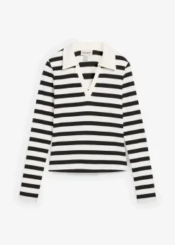 bonprix Shirts & Tops|Nachhaltigere Materialien^Langarm-Poloshirt aus Rippe wollweiß/schwarz gestreift