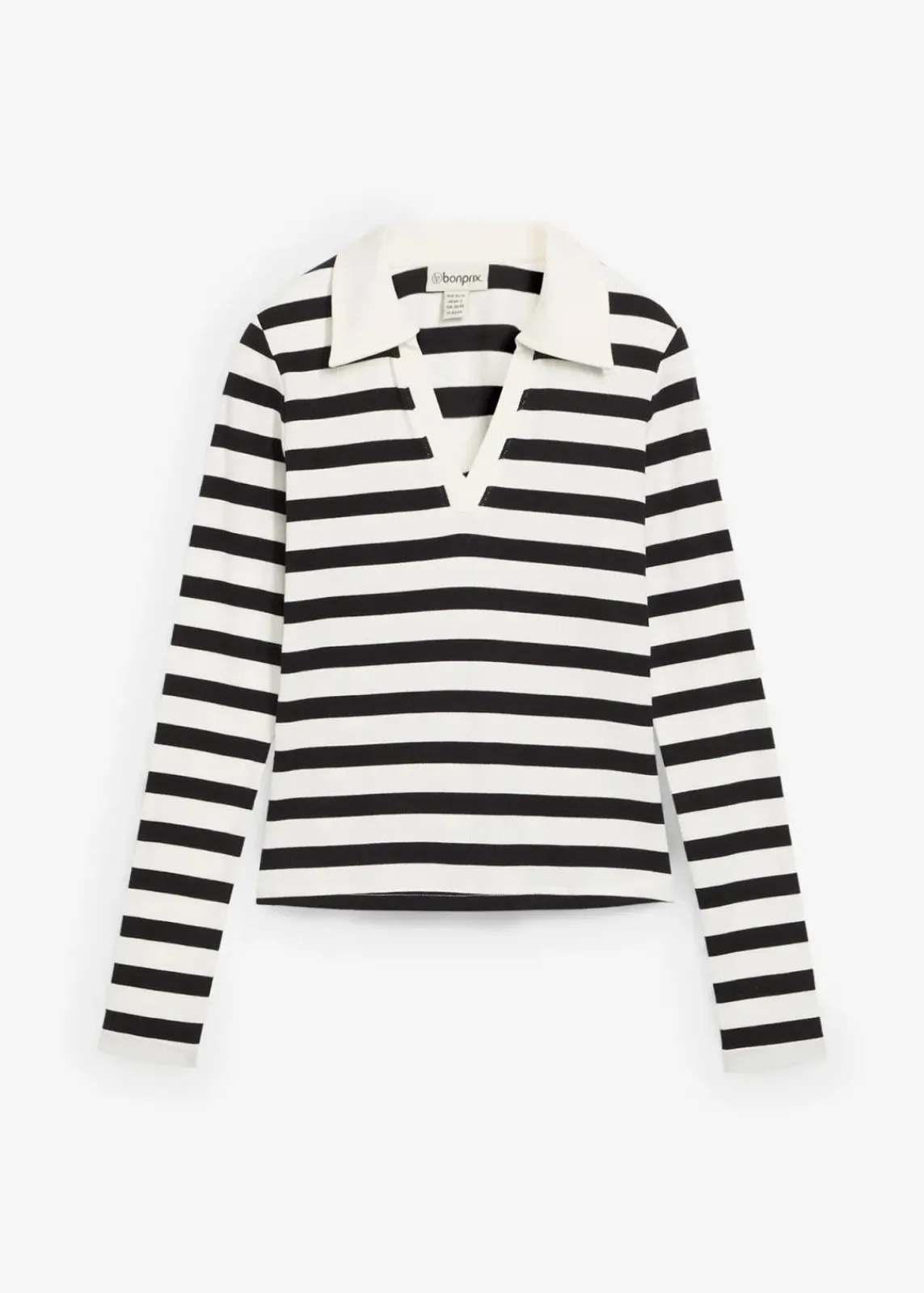 bonprix Shirts & Tops|Nachhaltigere Materialien^Langarm-Poloshirt aus Rippe wollweiß/schwarz gestreift