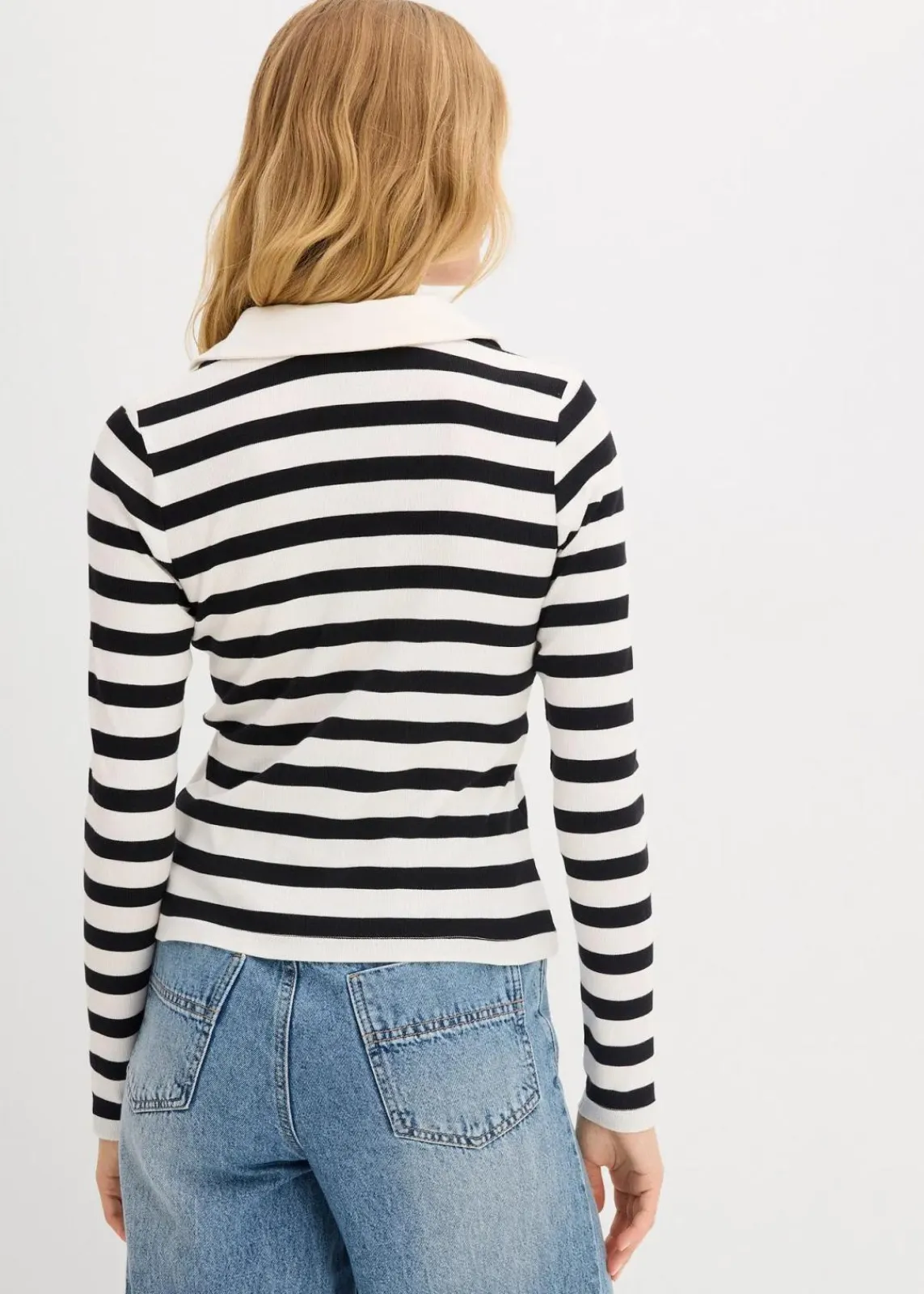 bonprix Shirts & Tops|Nachhaltigere Materialien^Langarm-Poloshirt aus Rippe wollweiß/schwarz gestreift