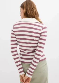 bonprix Nachhaltigere Materialien|Shirts & Tops^Langarm-Poloshirt aus Rippe wollweiß/matt violett gestreift