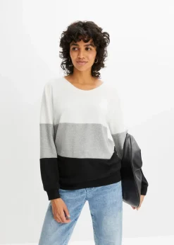 bonprix Shirts & Tops^Langarmshirt wollweiß/hellgrau/schwarz gestreift