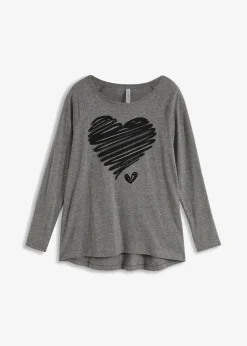bonprix Shirts & Tops^Langarmshirt grau meliert/schwarz bedruckt