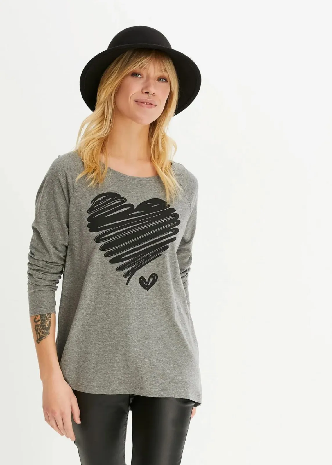 bonprix Shirts & Tops^Langarmshirt grau meliert/schwarz bedruckt
