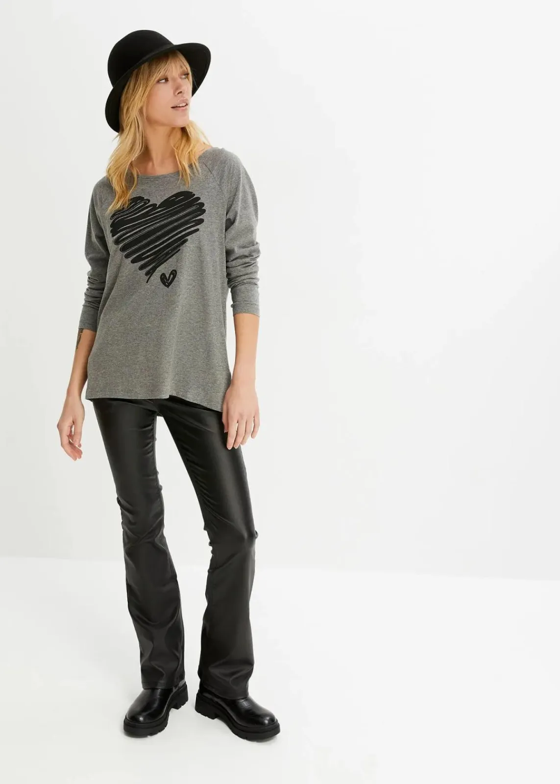 bonprix Shirts & Tops^Langarmshirt grau meliert/schwarz bedruckt