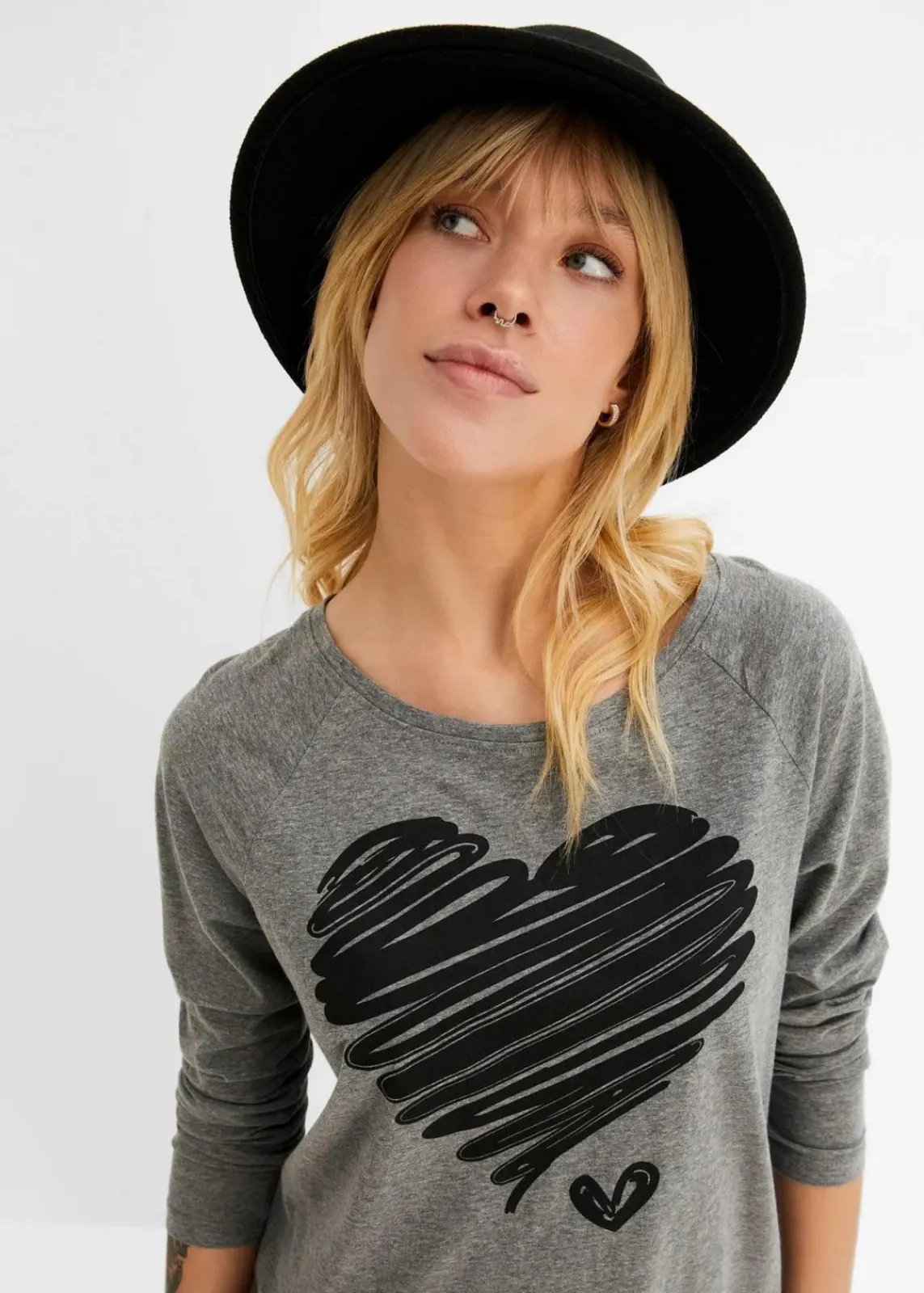 bonprix Shirts & Tops^Langarmshirt grau meliert/schwarz bedruckt
