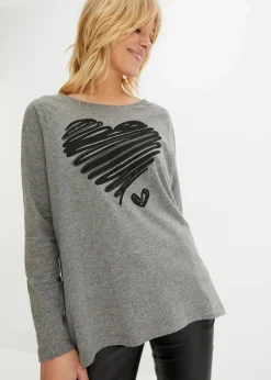 bonprix Shirts & Tops^Langarmshirt grau meliert/schwarz bedruckt