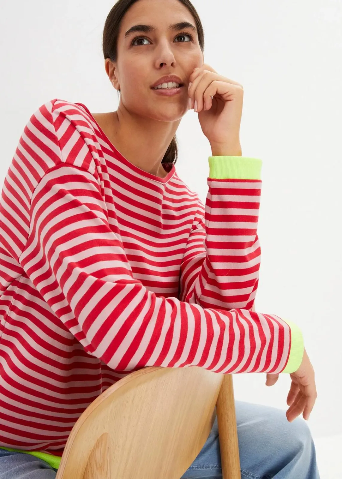 bonprix Shirts & Tops|Nachhaltigere Materialien^Langarmshirt aschrosa/rot geringelt