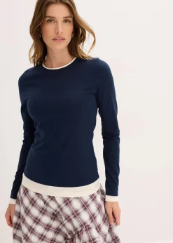 bonprix Shirts & Tops^Langarmshirt aus Baumwollmix tintenblau/perlweiß