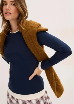 bonprix Shirts & Tops^Langarmshirt aus Baumwollmix tintenblau/perlweiß