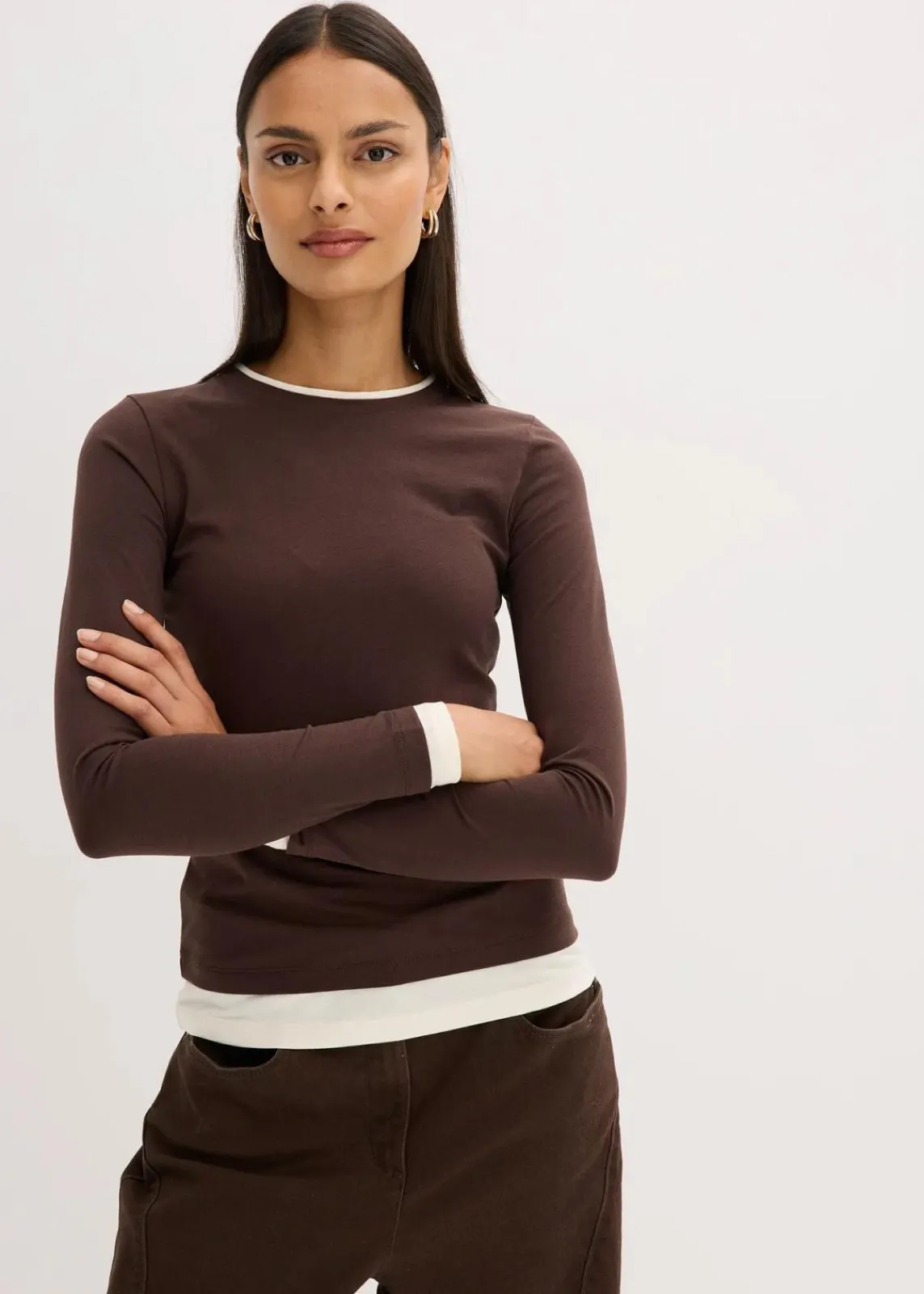 bonprix Shirts & Tops^Langarmshirt aus Baumwollmix dunkelbraun/perlweiß