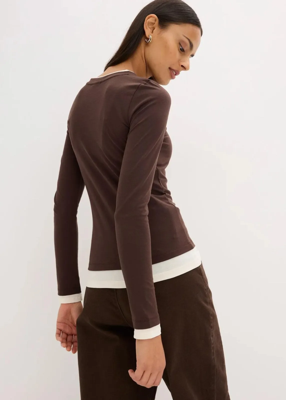 bonprix Shirts & Tops^Langarmshirt aus Baumwollmix dunkelbraun/perlweiß