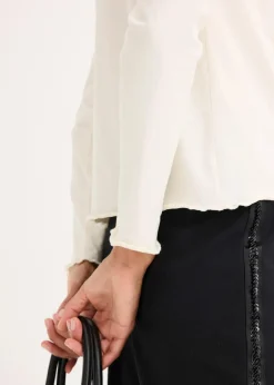 bonprix Shirts & Tops^Langarmshirt aus Baumwollstretch wollweiß/rehbraun/schwarz/kieselbeige