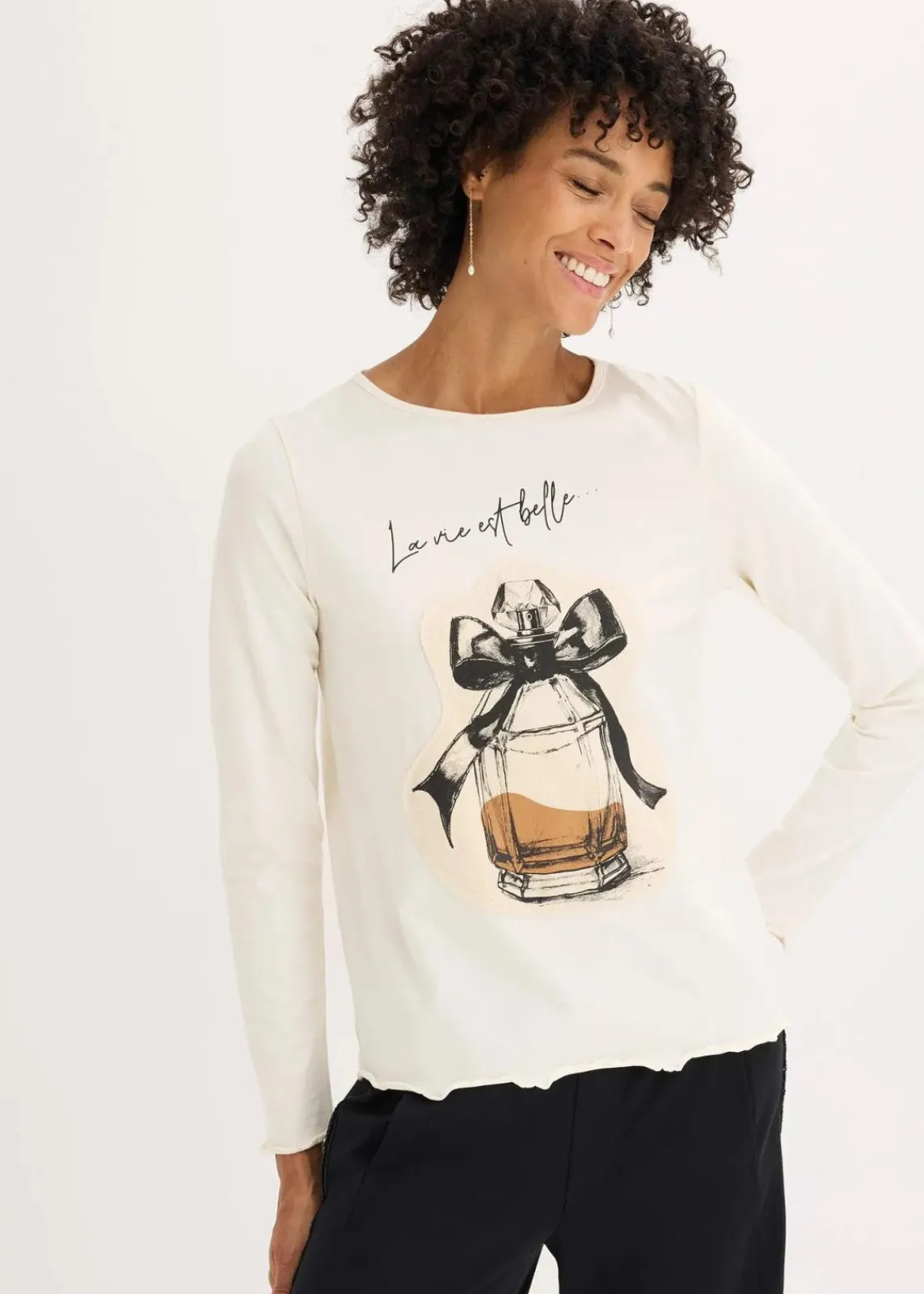 bonprix Shirts & Tops^Langarmshirt aus Baumwollstretch wollweiß/rehbraun/schwarz/kieselbeige