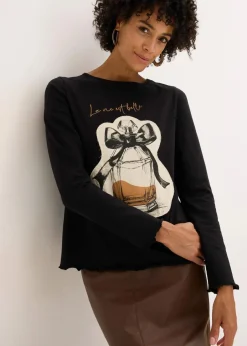 bonprix Shirts & Tops^Langarmshirt aus Baumwollstretch schwarz/kieselbeige/rehbraun