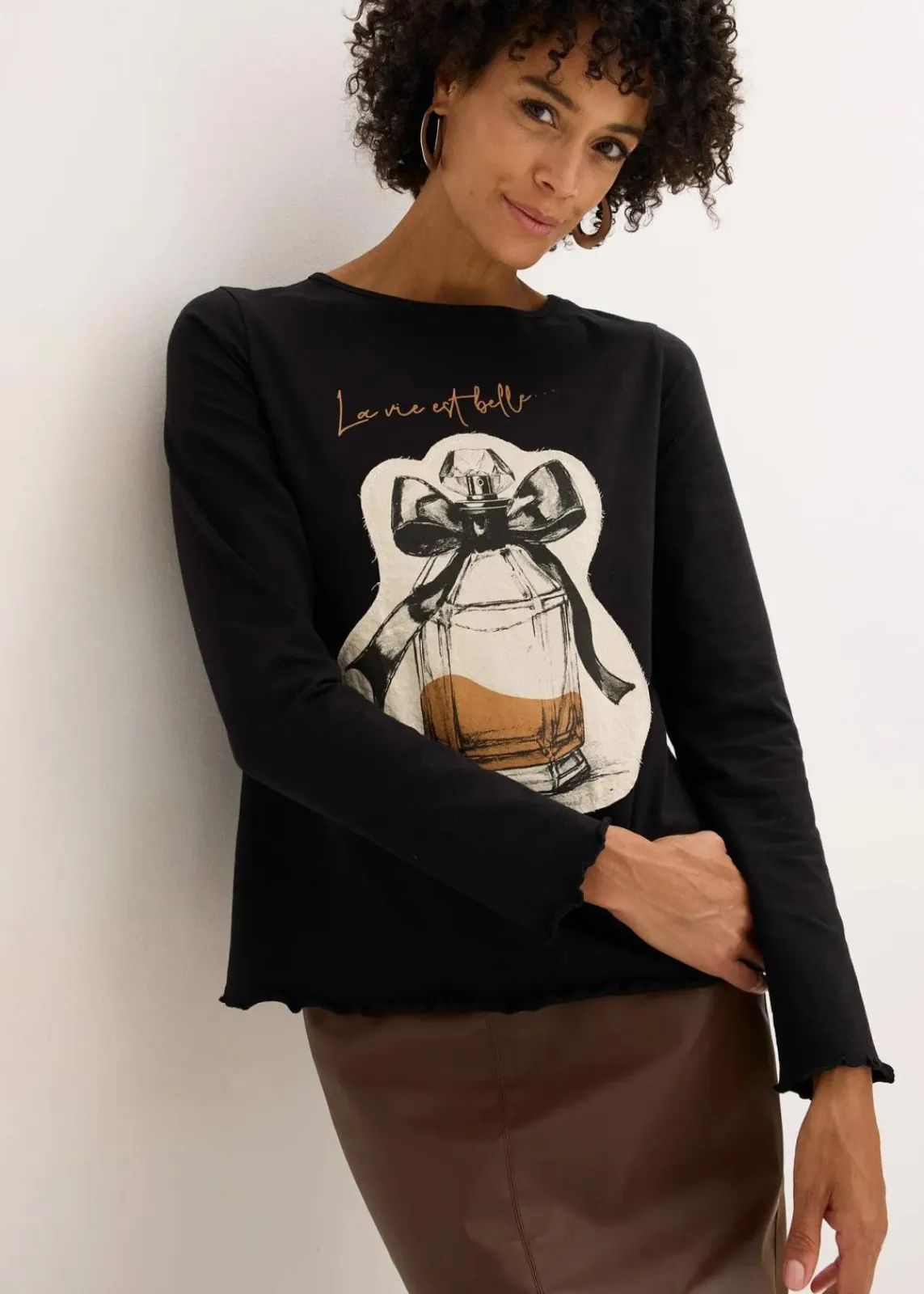 bonprix Shirts & Tops^Langarmshirt aus Baumwollstretch schwarz/kieselbeige/rehbraun