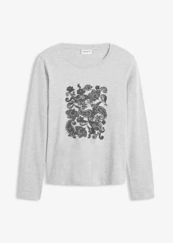 bonprix Shirts & Tops|Nachhaltigere Materialien^Langarmshirt aus Bio-Baumwolle mit dekorativem Print hellgrau meliert/schwarz