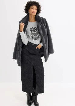 bonprix Shirts & Tops|Nachhaltigere Materialien^Langarmshirt aus Bio-Baumwolle mit dekorativem Print hellgrau meliert/schwarz