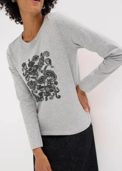 bonprix Shirts & Tops|Nachhaltigere Materialien^Langarmshirt aus Bio-Baumwolle mit dekorativem Print hellgrau meliert/schwarz