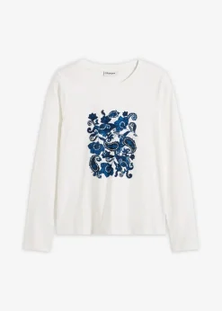 bonprix Nachhaltigere Materialien|Shirts & Tops^Langarmshirt aus Bio-Baumwolle mit dekorativem Print wollweiß/dunkelblau/hellindigo
