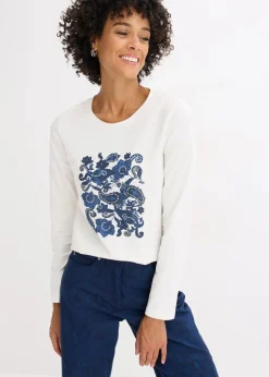 bonprix Nachhaltigere Materialien|Shirts & Tops^Langarmshirt aus Bio-Baumwolle mit dekorativem Print wollweiß/dunkelblau/hellindigo