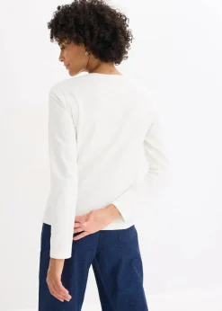 bonprix Nachhaltigere Materialien|Shirts & Tops^Langarmshirt aus Bio-Baumwolle mit dekorativem Print wollweiß/dunkelblau/hellindigo