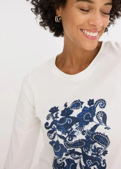 bonprix Nachhaltigere Materialien|Shirts & Tops^Langarmshirt aus Bio-Baumwolle mit dekorativem Print wollweiß/dunkelblau/hellindigo