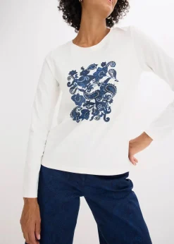 bonprix Nachhaltigere Materialien|Shirts & Tops^Langarmshirt aus Bio-Baumwolle mit dekorativem Print wollweiß/dunkelblau/hellindigo