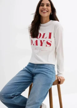 bonprix Shirts & Tops|Nachhaltigere Materialien^Langarmshirt aus Bio-Baumwollmix wollweiß/salsarot