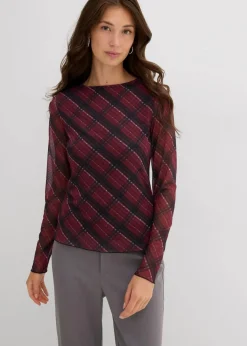 bonprix Shirts & Tops^Langarmshirt aus feinem Mesh dunkelrot kariert