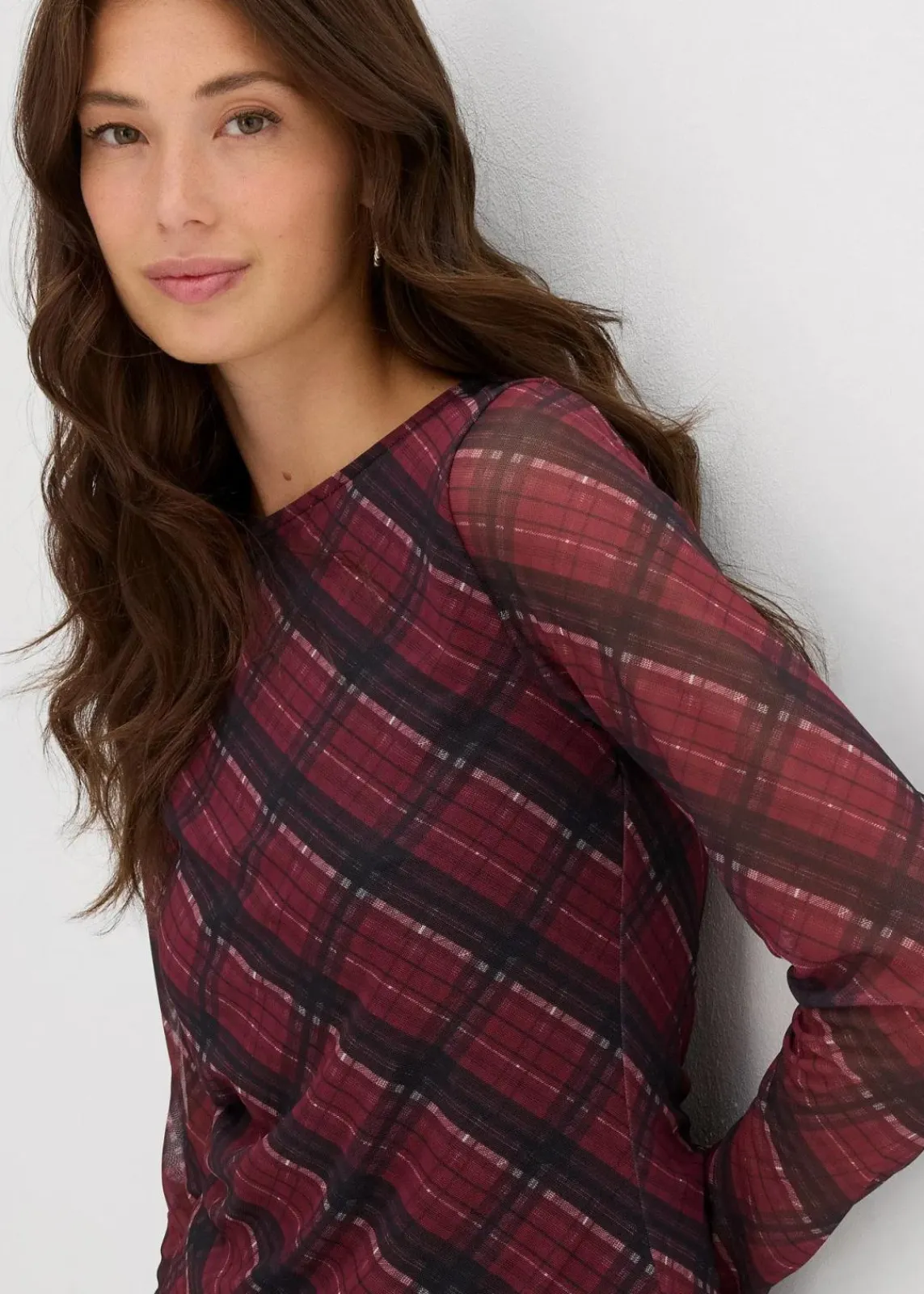 bonprix Shirts & Tops^Langarmshirt aus feinem Mesh dunkelrot kariert