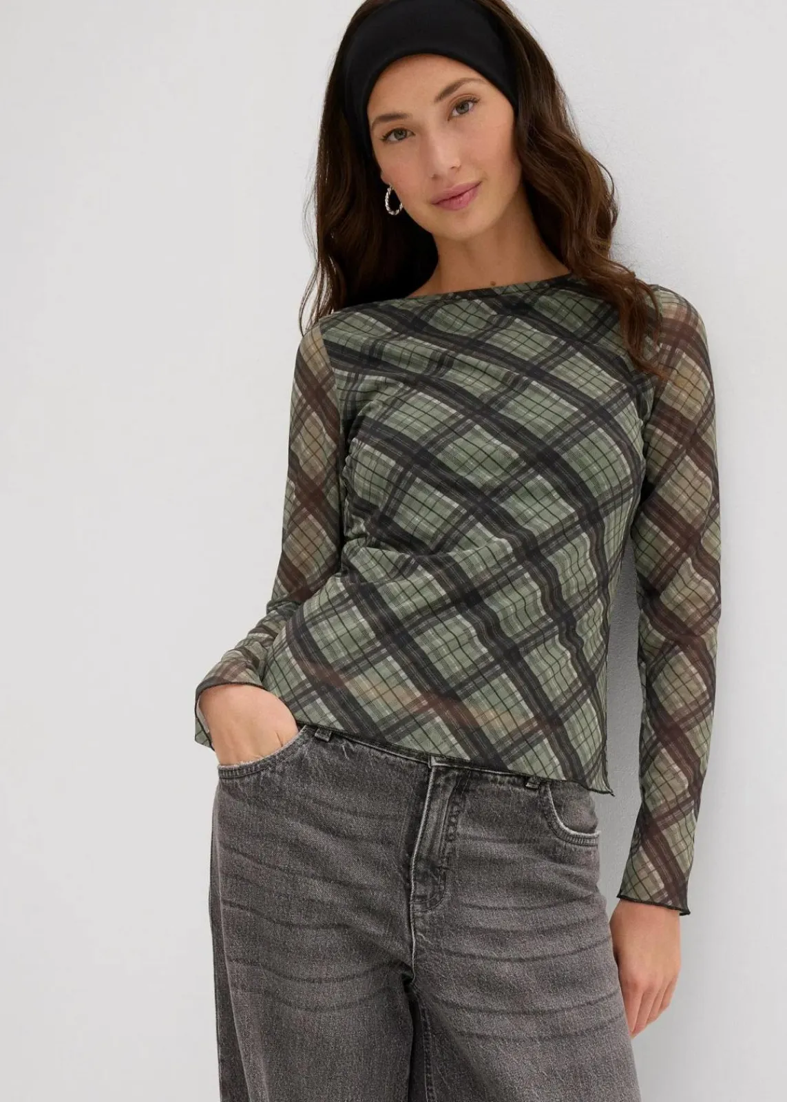 bonprix Shirts & Tops^Langarmshirt aus feinem Mesh oliv kariert