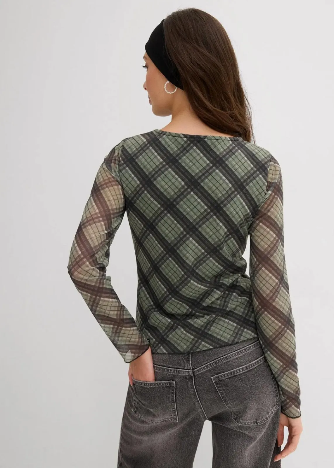 bonprix Shirts & Tops^Langarmshirt aus feinem Mesh oliv kariert