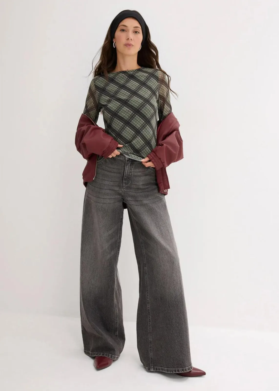 bonprix Shirts & Tops^Langarmshirt aus feinem Mesh oliv kariert