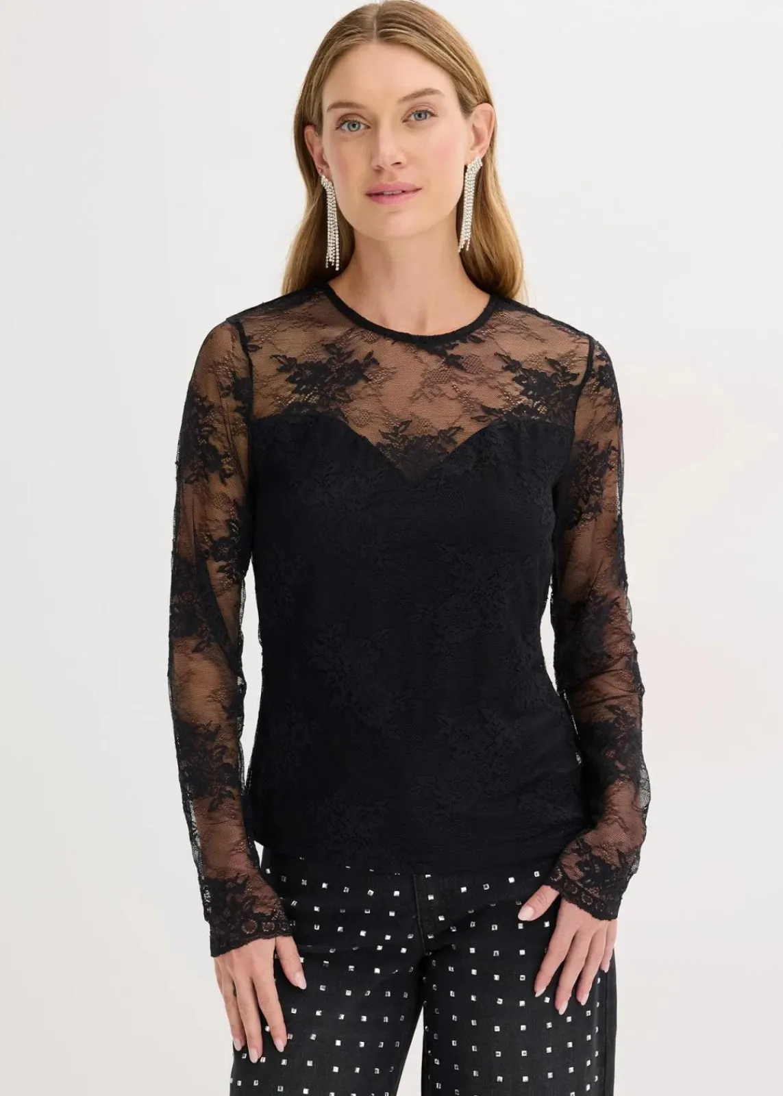 bonprix Shirts & Tops^Langarmshirt aus feiner Spitze schwarz