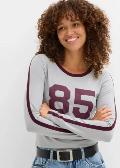 bonprix Shirts & Tops|Nachhaltigere Materialien^Langarmshirt aus leichtem Jersey schattengrau/weinrot bedruckt