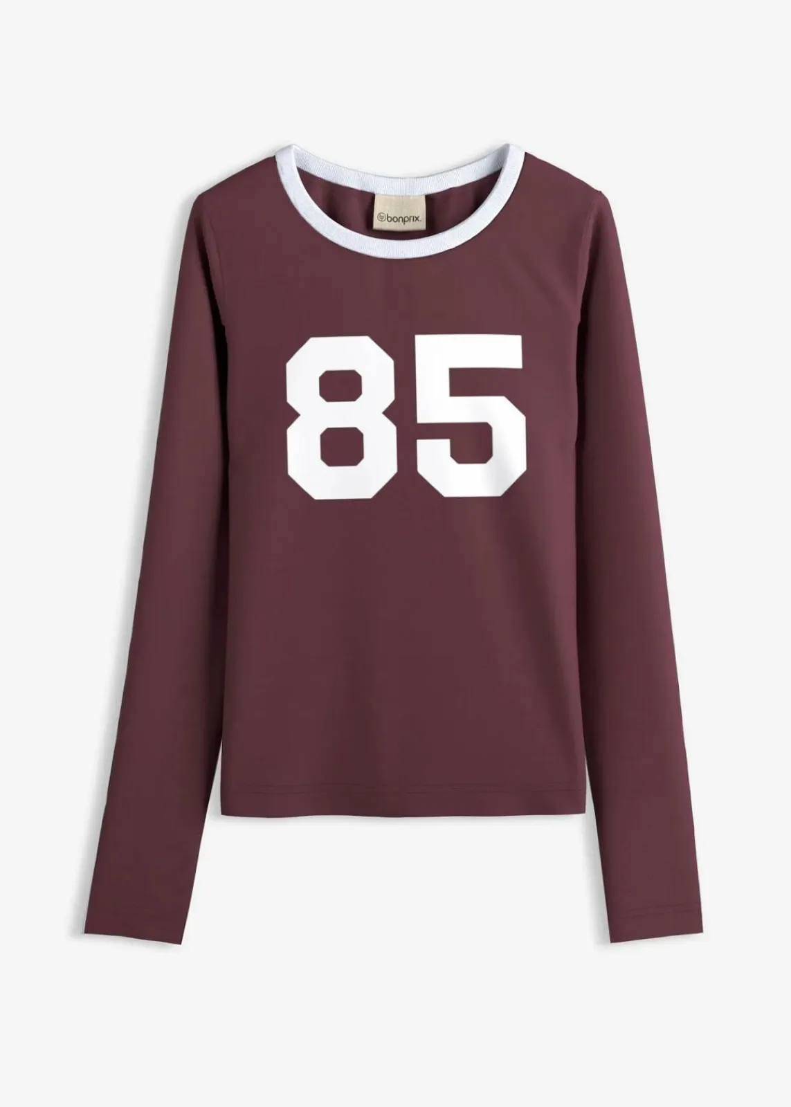 bonprix Nachhaltigere Materialien|Shirts & Tops^Langarmshirt aus leichtem Jersey ahornrot/weiß bedruckt