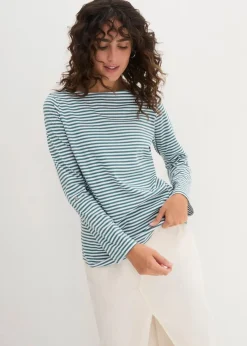 bonprix Shirts & Tops^Langarmshirt aus reiner Baumwolle pfeffergrün / weiss gestreift