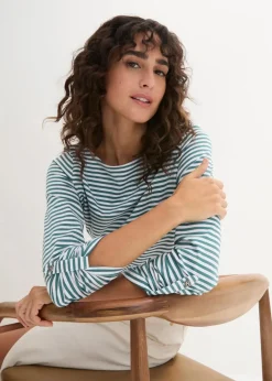 bonprix Shirts & Tops^Langarmshirt aus reiner Baumwolle pfeffergrün / weiss gestreift