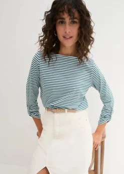 bonprix Shirts & Tops^Langarmshirt aus reiner Baumwolle pfeffergrün / weiss gestreift