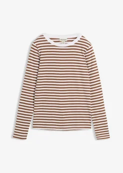 bonprix Nachhaltigere Materialien|Basics^Langarmshirt aus reiner Bio-Baumwolle pimentbraun/weiß gestreift