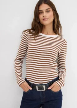 bonprix Nachhaltigere Materialien|Basics^Langarmshirt aus reiner Bio-Baumwolle pimentbraun/weiß gestreift
