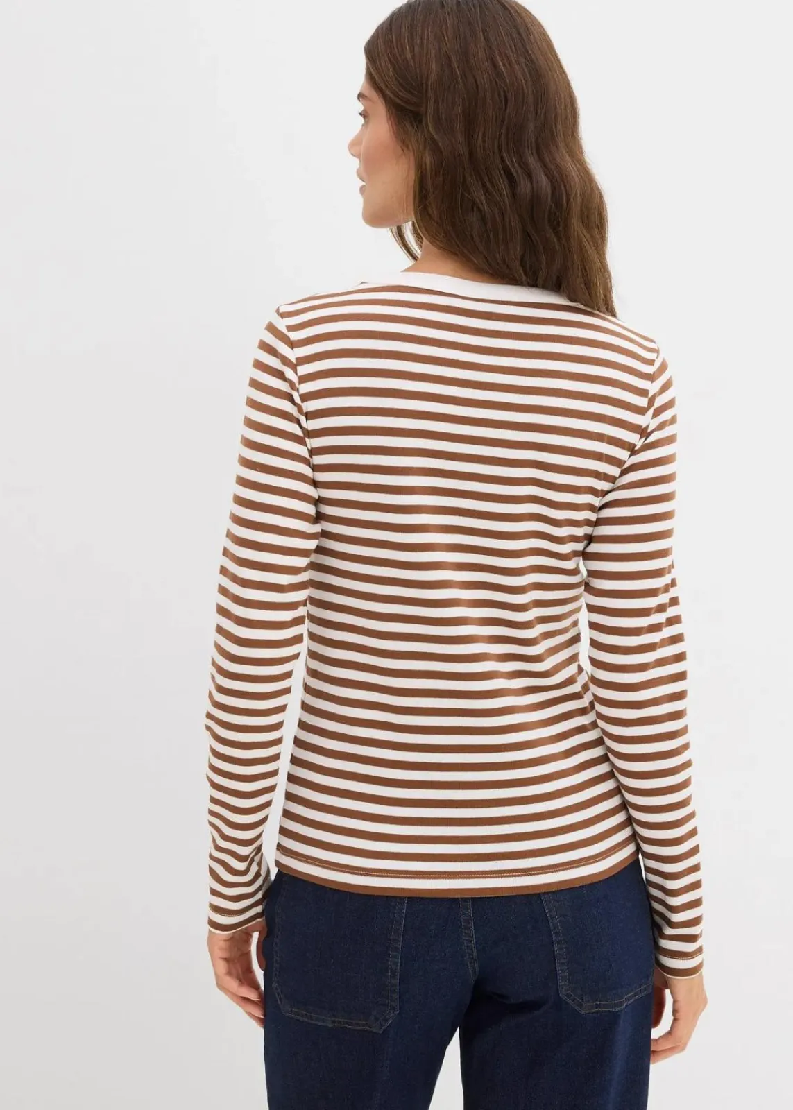 bonprix Nachhaltigere Materialien|Basics^Langarmshirt aus reiner Bio-Baumwolle pimentbraun/weiß gestreift