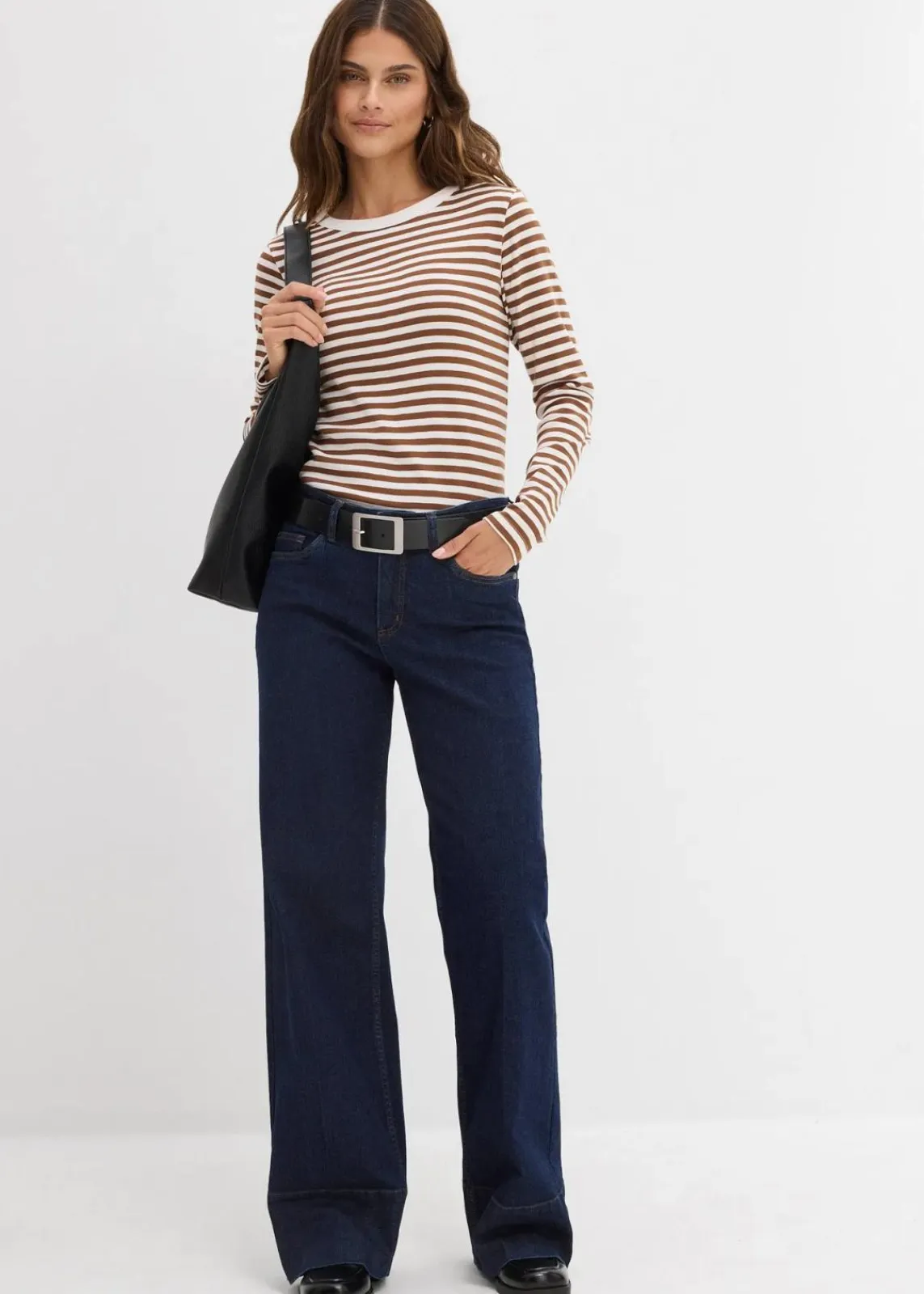 bonprix Nachhaltigere Materialien|Basics^Langarmshirt aus reiner Bio-Baumwolle pimentbraun/weiß gestreift