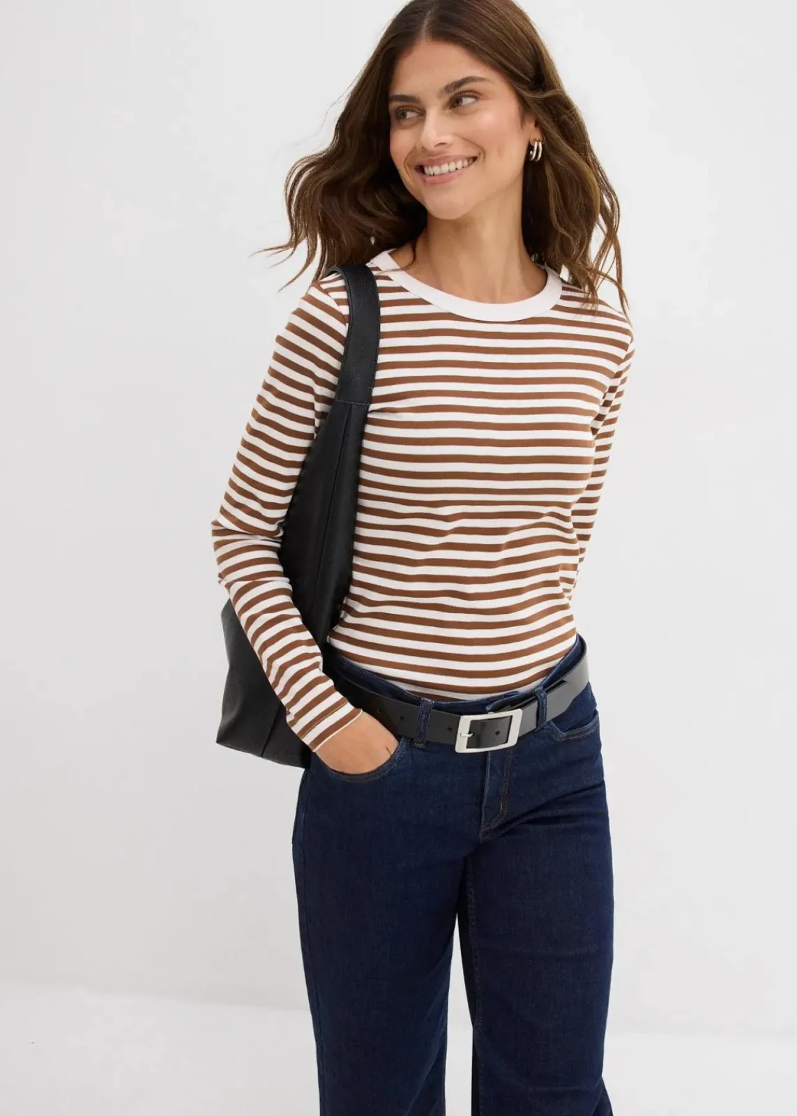 bonprix Nachhaltigere Materialien|Basics^Langarmshirt aus reiner Bio-Baumwolle pimentbraun/weiß gestreift