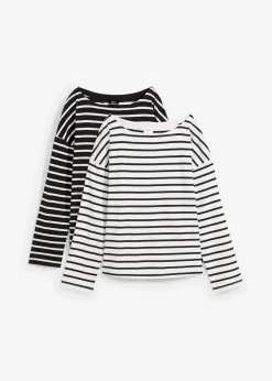 bonprix Shirts & Tops|Basics^Langarmshirt aus reiner Bio-Baumwolle, (2er Pack) weiß/schwarz gestreift + schwarz/weiß gestreift