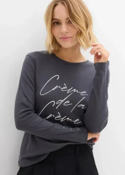 bonprix Shirts & Tops|Nachhaltigere Materialien^Langarmshirt aus reiner Baumwolle anthrazit/wollweiß meliert